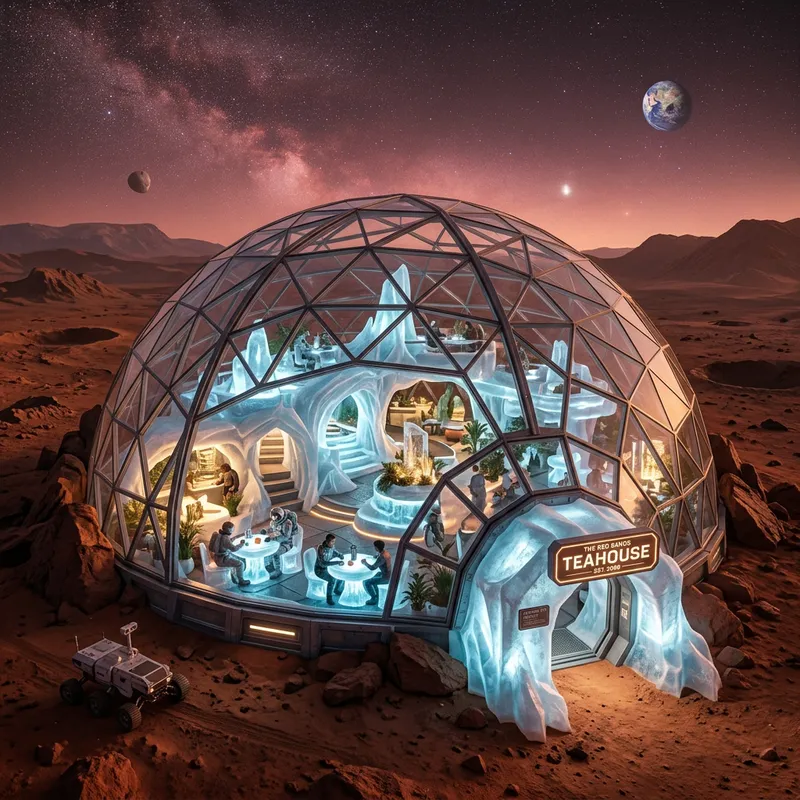 Futuristic Ice Teahouse on Mars: A Sci-Fi Escape
