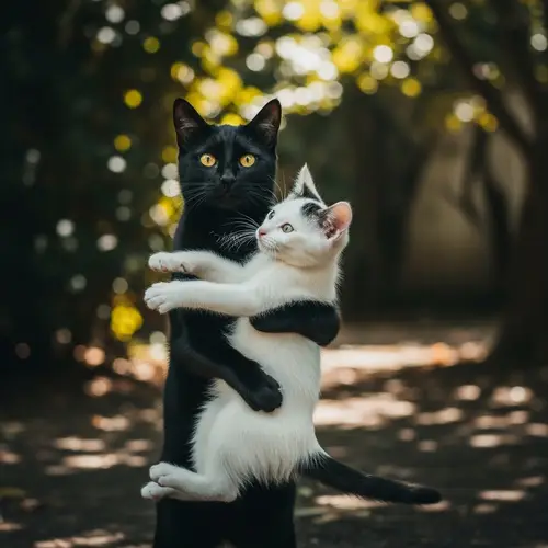 Mom Cat Carrying Daughter Cat in Her Arms