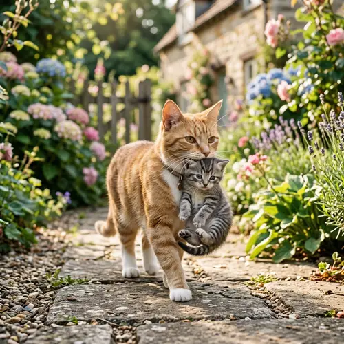 Mom Cat Carrying Daughter Cat in Her Arms