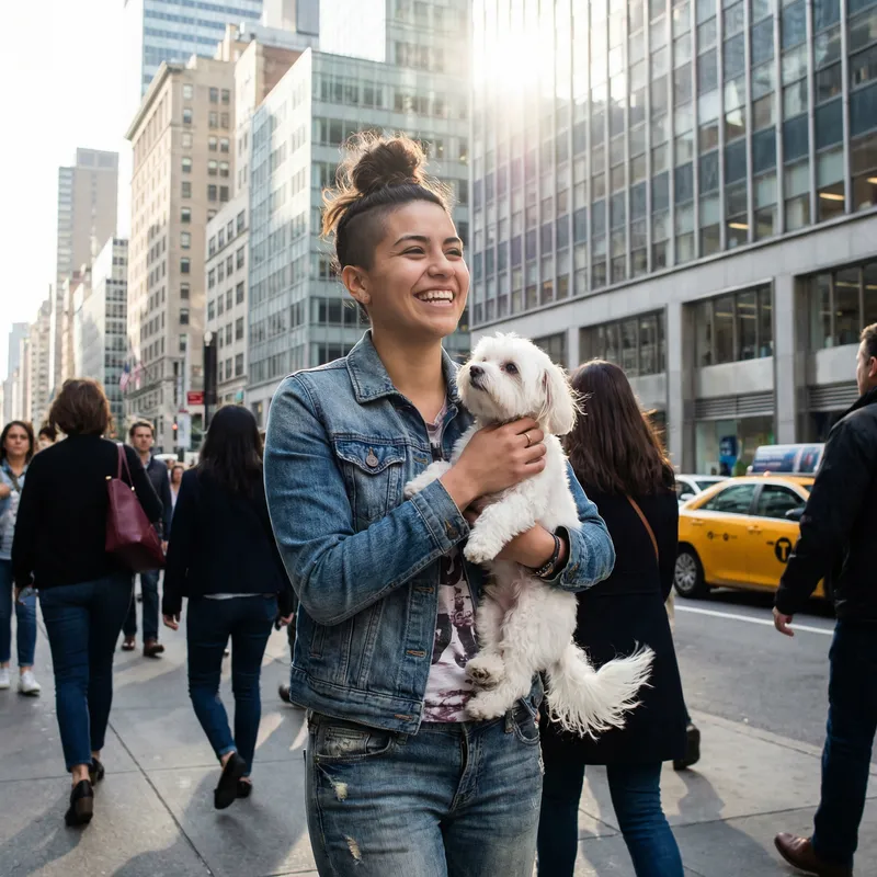 Hispanic Girl Walking Urban Streets with High Undercut and Stylish Bun Carrying Dog