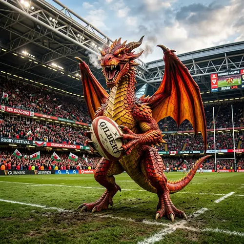 Ferocious Red and Yellow Dragon in Rugby Stadium