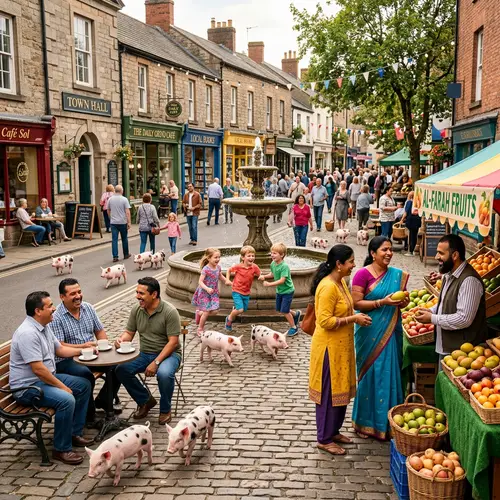 Vibrant Small Town Scene with Diverse Community and Playful Piglets