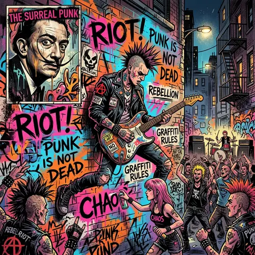 Punk-Inspired Salvador Dali Portrait with Vibrant Colors and Urban Graffiti