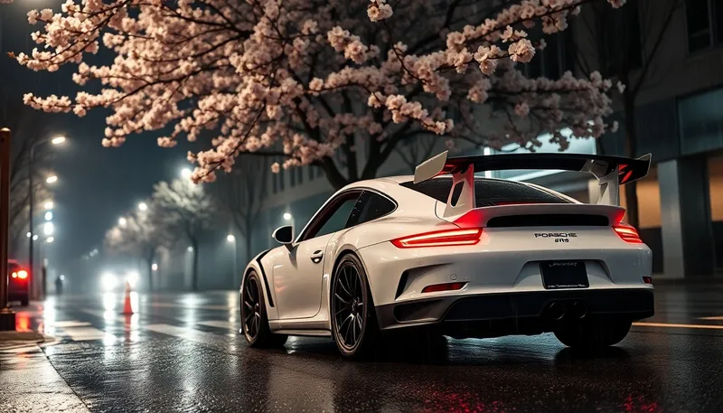 Stunning Porsche GT3 RS: Night Scene Under Sakura Tree Stunning Porsche GT3 RS: Night Scene Under Sakura Tree