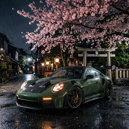 Stunning Porsche GT3 RS: Night Scene Under Sakura Tree