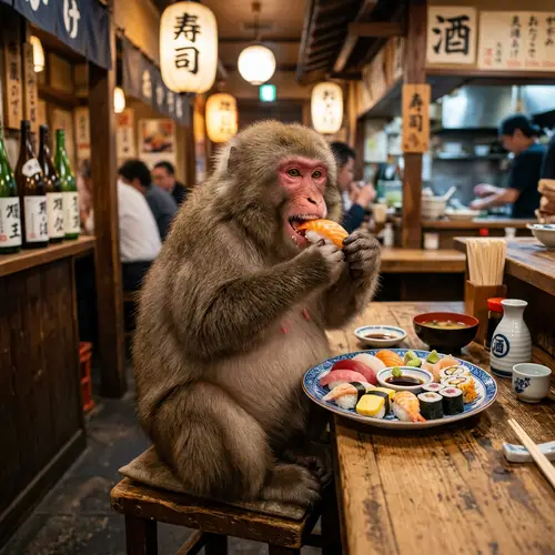 Fat Monkey Enjoying Sushi Delights