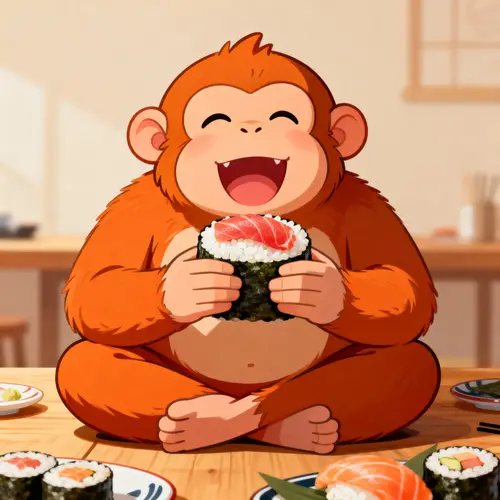 Fat Monkey Enjoying Sushi Delights