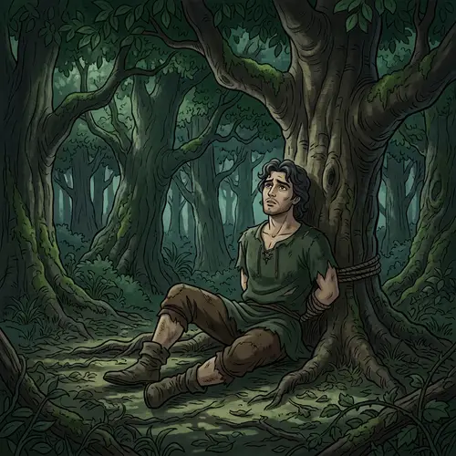 Cartoonish Illustration of Florante Tied to Fig Tree in Shadowy Forest