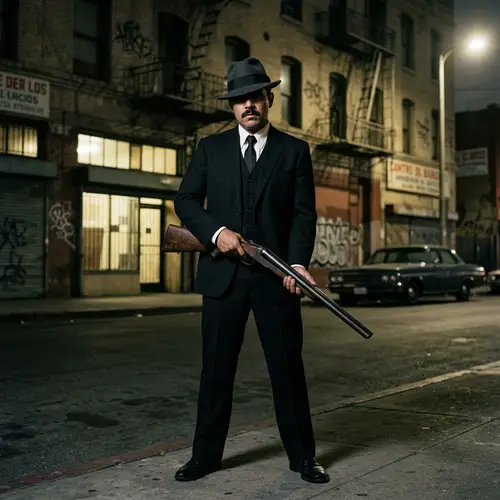 Hispanic Gangster with Sawed-Off Shotgun in Urban Setting