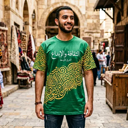 Mid-Length Traditional T-Shirt with Intricate Middle Eastern Design | Green Fabric