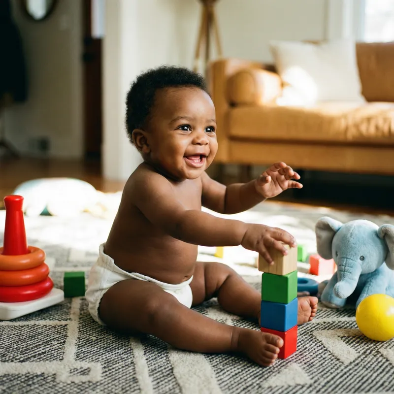Happy African Baby in Soft White Diaper Playing Joyfully
