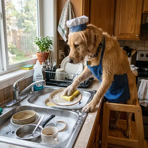 Dog Cleaning Dishes - Cute Pet Moments