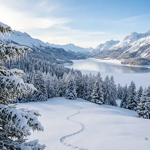 Serene Winter Landscape: Alpine Forest and Frozen Lake