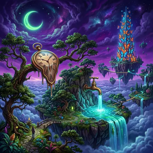 Surreal Fantasy Art: Floating Island, Melting Clock, Glass Butterflies