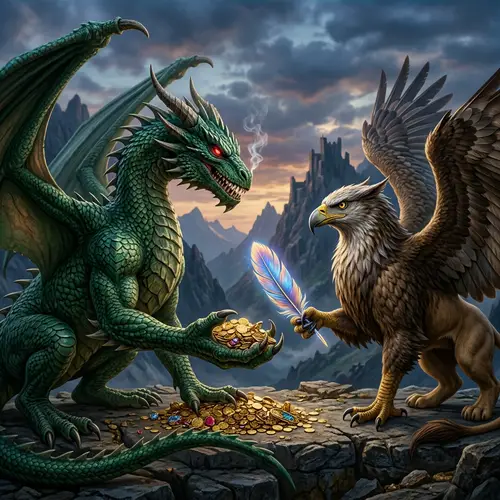 Powerful Dragon and Griffon Trade Scene | Fantasy Creatures Exchange Goods