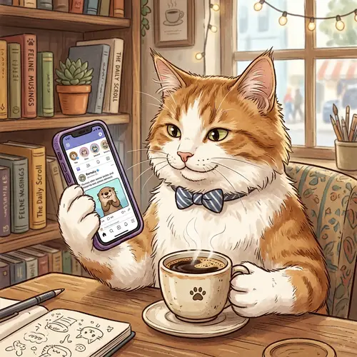 Whimsical Bi-Colored Cat Holding Black Coffee & Smartphone