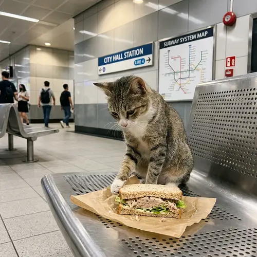 Neutral-colored Domestic Short-Haired Cat Enjoying Tuna Sandwich in Urban Subway