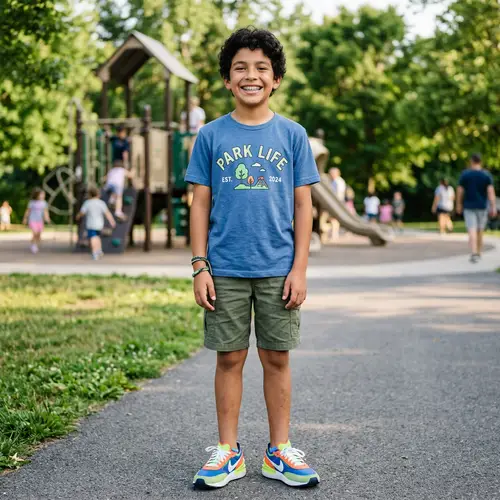 Cheerful Kid with Braces in Stylish Nike Sneakers