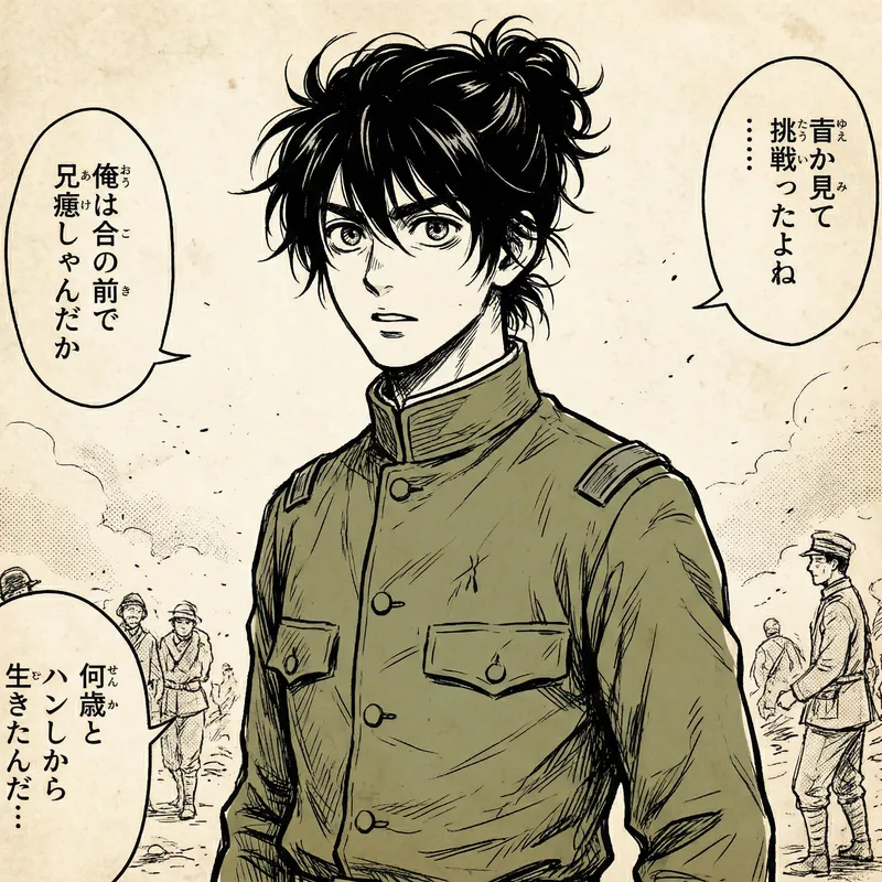 Tall Dark-Haired Male in Green Military Uniform - Titan-Style Manga Character