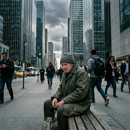 Old Depressed Man in Big City - A Moment of Solitude