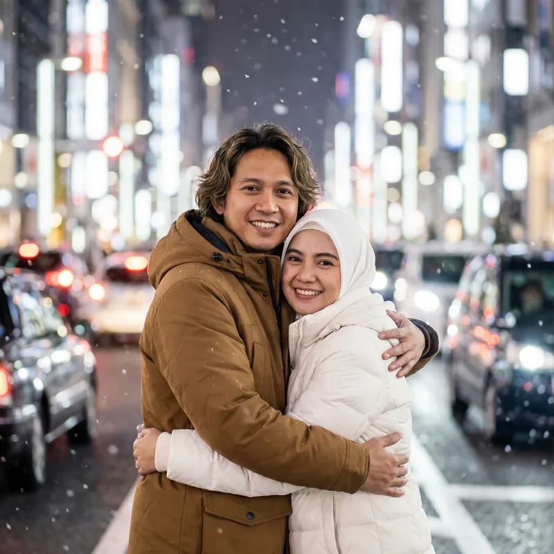 Photorealistic Portrait: Indonesian Couple Embracing in Urban Night Scene