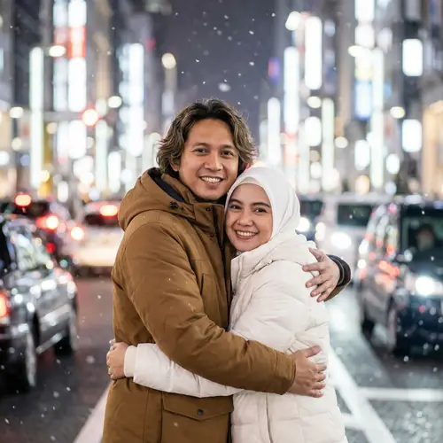 Professional Photography: Indonesian Couple Embracing in Urban City Night