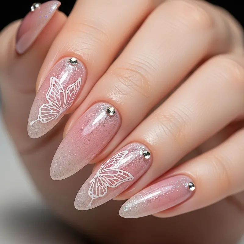 Stylish Almond Acrylic Nails with Butterfly Design