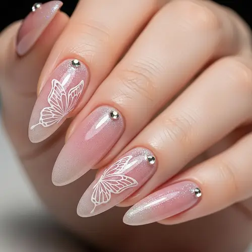 Stylish Almond Acrylic Nails with Butterfly Design
