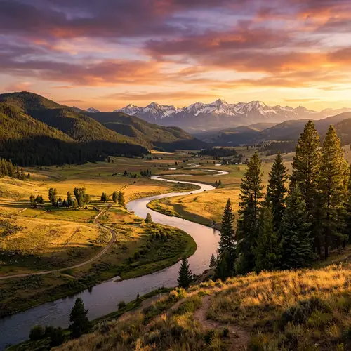 Picturesque Valley Sunset Panorama with Snowcapped Mountains