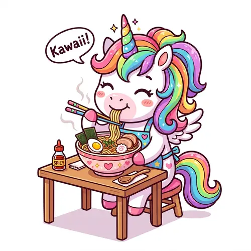 Vibrant Kawaii-Style Unicorn Enjoying Delicious Ramen Bowl