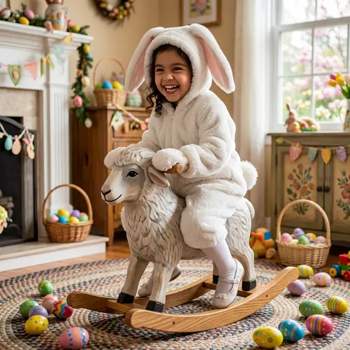 Young Hispanic Girl Easter Bunny Riding Rocking Sheep