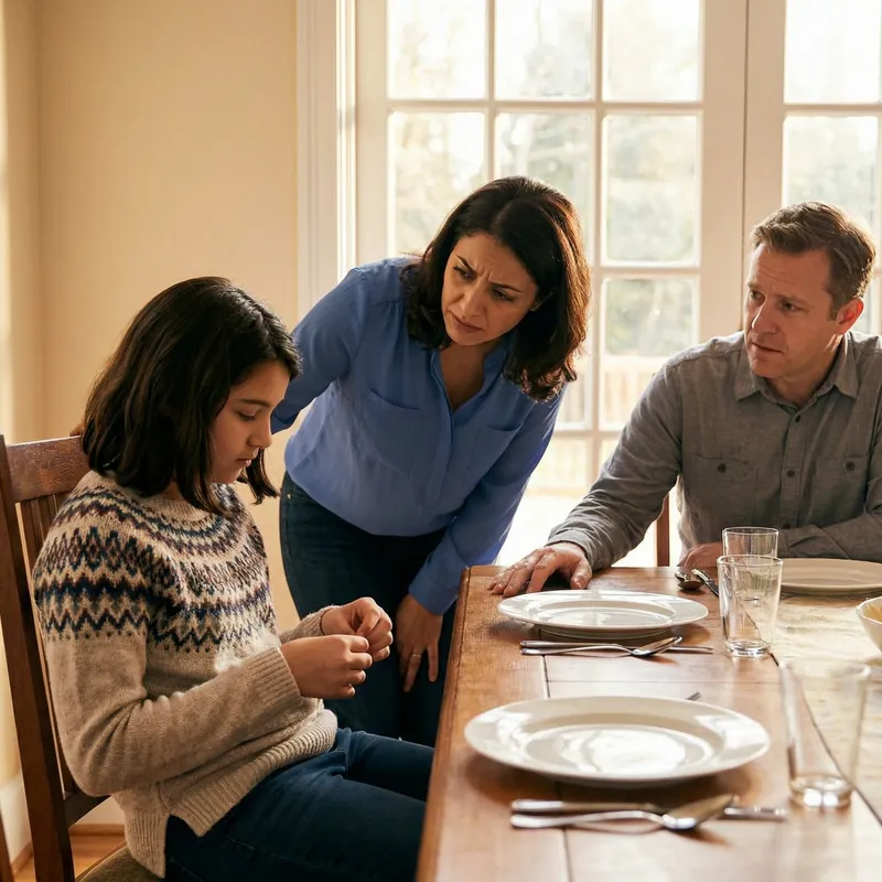 Anxious Family Conversation Around Well-Lit Dining Table