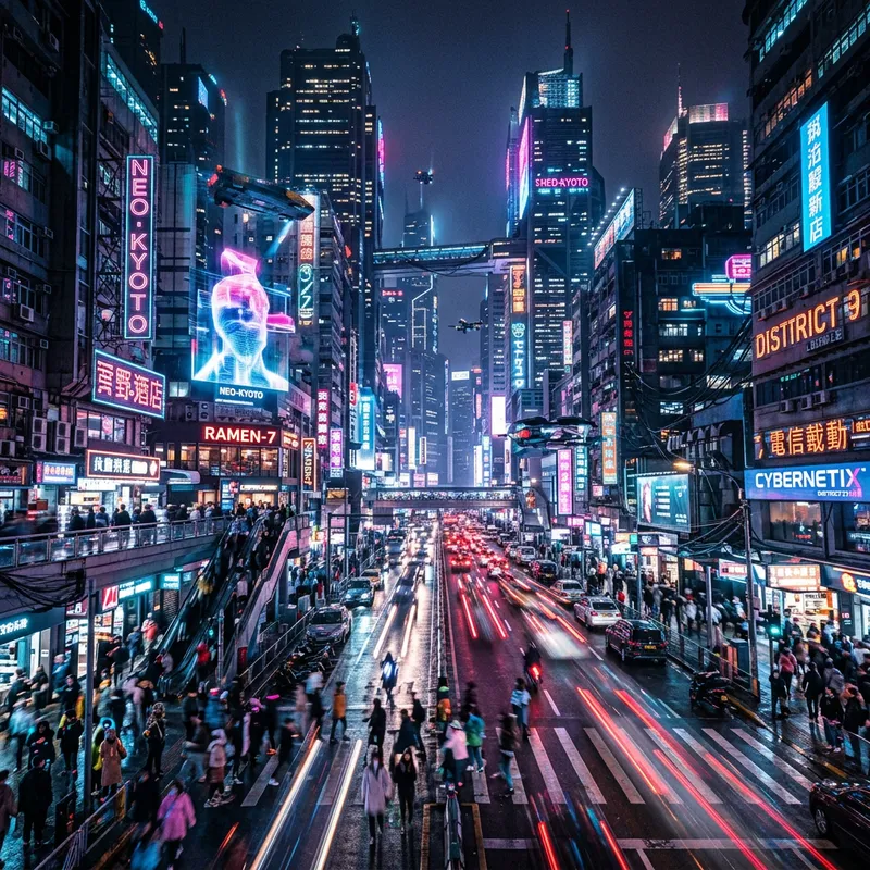 Futuristic Cyberpunk Cityscape: Neon Lights, Skyscrapers, and Bustling Streets