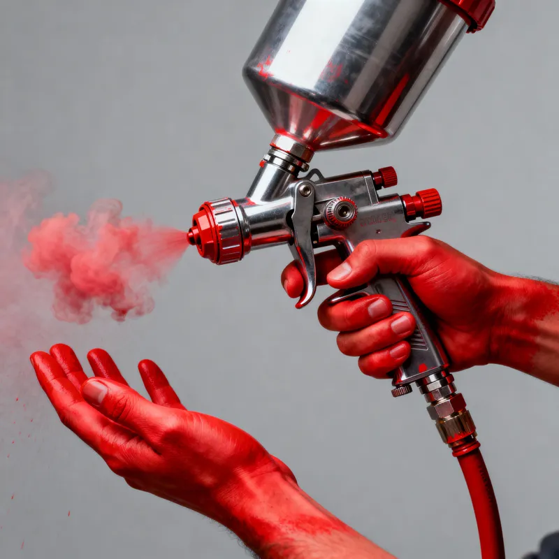 Pneumatic Spray Gun in Action with Red Paint