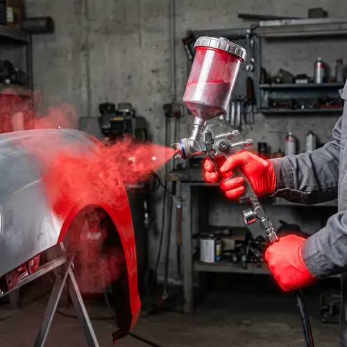 Pneumatic Spray Gun in Action with Red Paint