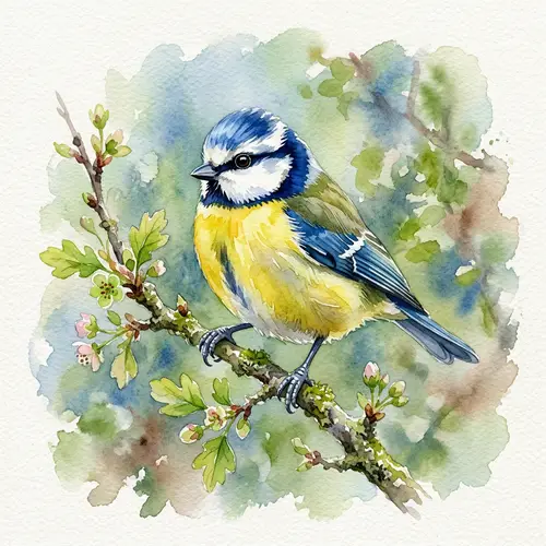 Beautiful Blue Tit Bird Watercolor Illustration