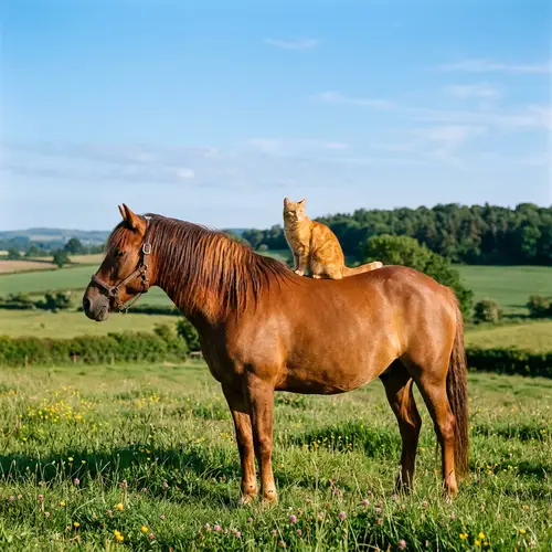 Harmonious Companions: Silky Orange Feline & Gentle Chestnut Horse