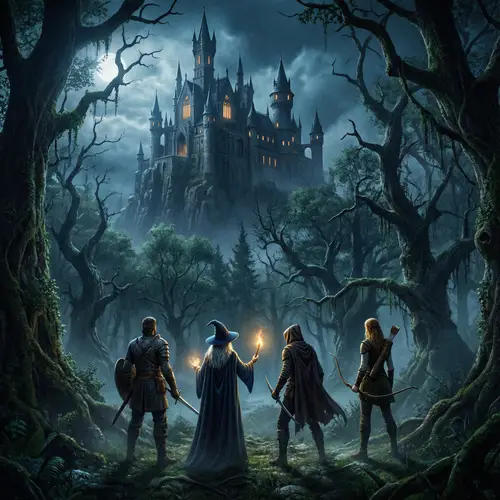 Dark Forest Castle with Four Characters