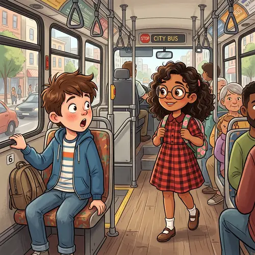 Cartoon Boy's Surprise on Seeing Curly-Haired Girl on Bus