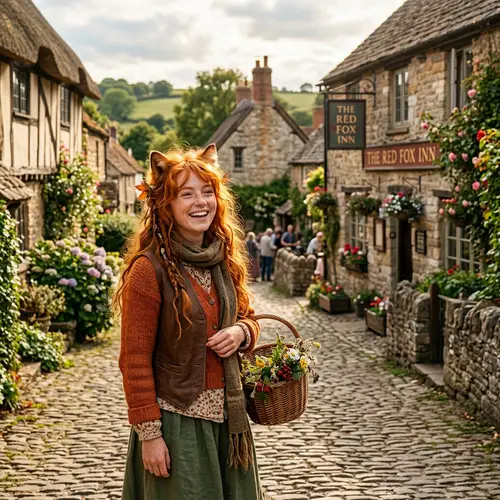 Red-Haired Girl Resembling a Fox in Countryside Village