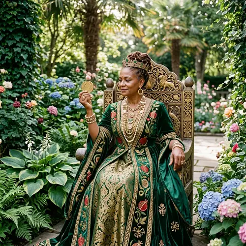 Opulent Female Figure in Elaborate Regalia on Throne with Gold Coin