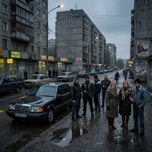 90s Russia Urban Scene: Men with Guns & Black Car in Gloomy City