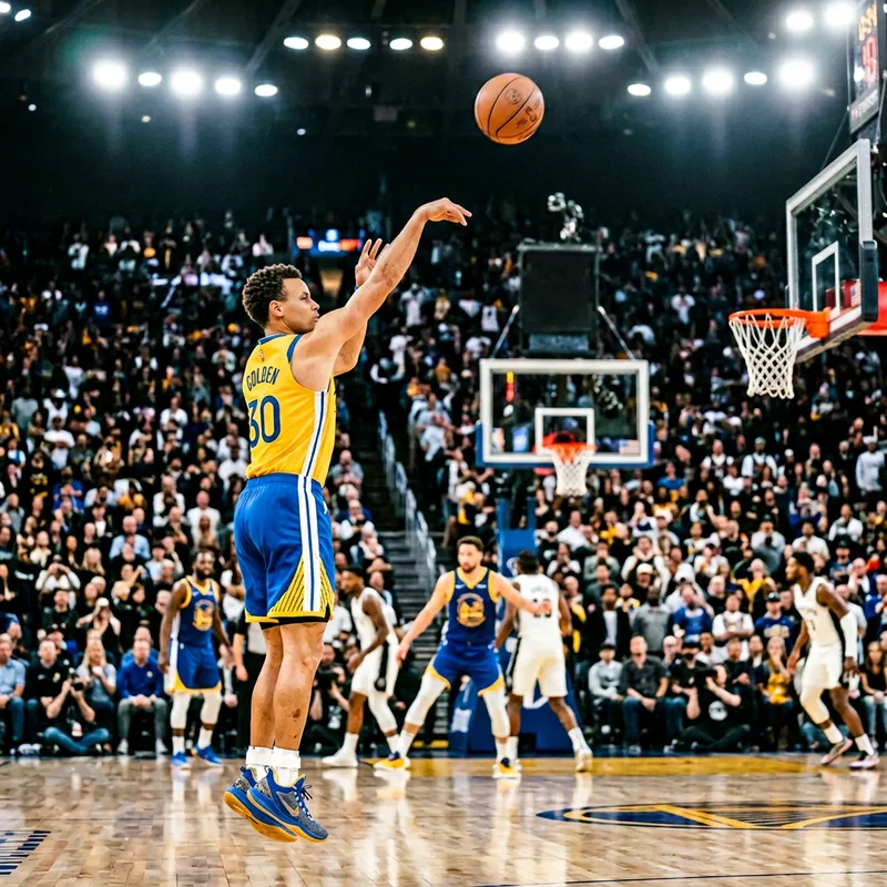 Golden Jersey Basketball Player Takes Tense Three-Point Shot