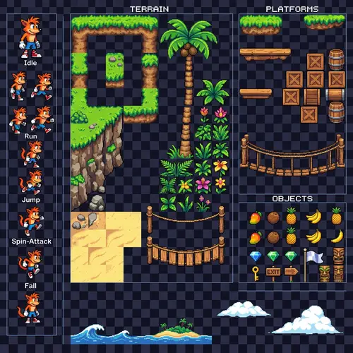 Pixel Art Tileset: Quirky Anthropomorphic Creature in Tropical Island World