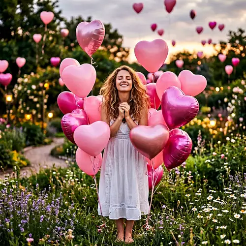Serene Woman in Love Surrounded by Pink Heart Balloons