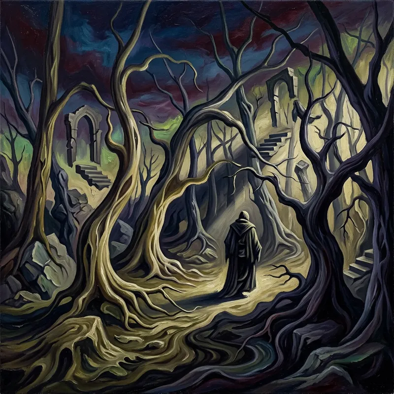 Betrayal: Surrealistic Art in Eerie Forest Landscape Betrayal: Surrealistic Art in Eerie Forest Landscape