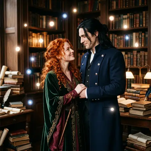 Romantic Fantasy Scene with Woman in Majestic Robes and Man in Dark Coat