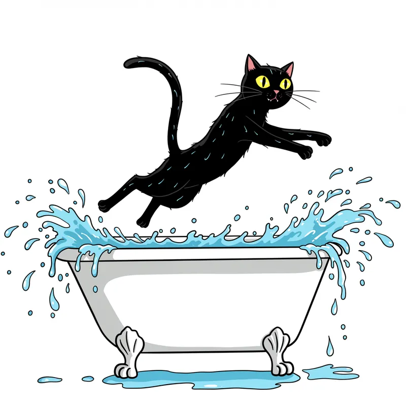 Jumping Wet Black Cat: Cartoon Fun