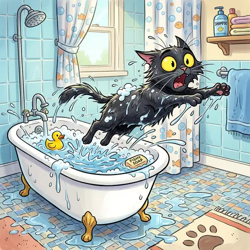Jumping Wet Black Cat: Cartoon Fun