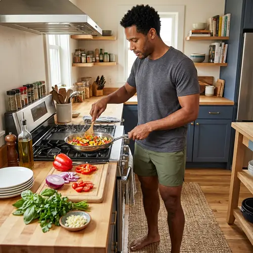 Sporty Man Cooking Fresh Vegetables in Kitchen